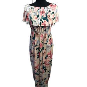 Floral Off Shoulder Maxi Stretch Dress Size Large L Pockets Romantic Girly